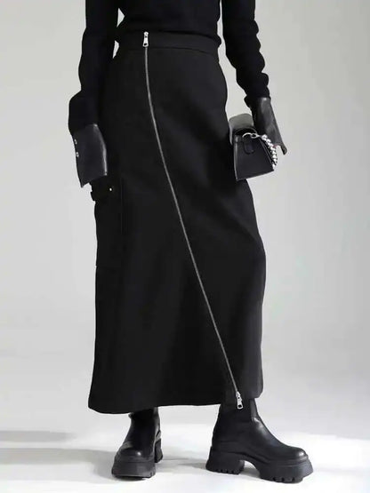 🍒High waist irregular long skirt black with slit zipper and pocket midi fashion long smart casual clothing for women party occasion wear Zip This Up And Look Lovely In Liquorise