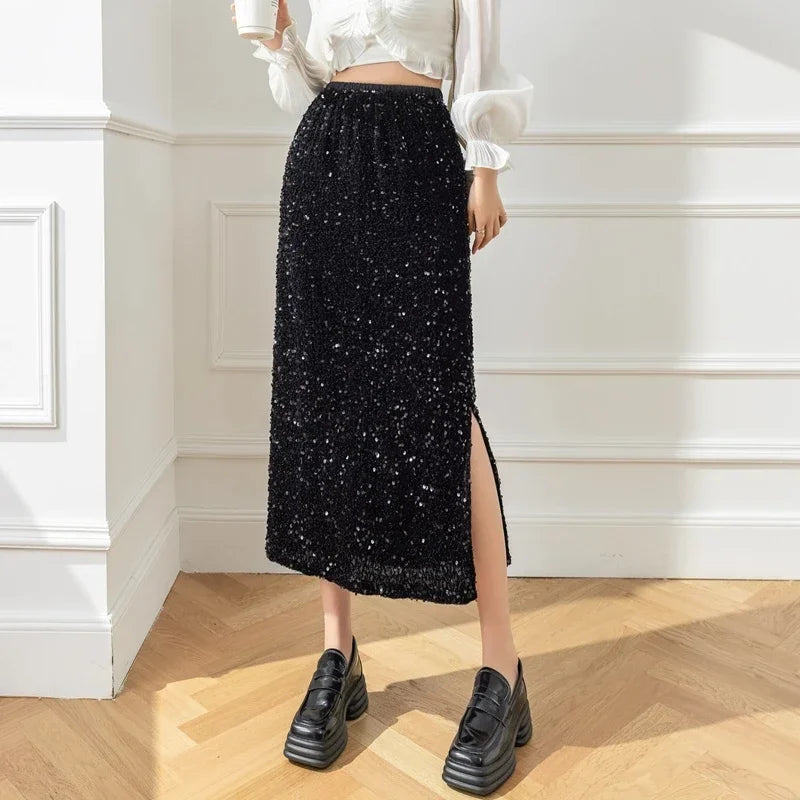 🍒Stylish summer skirts smart casual womens sequin clothes midi fashion black long skirt outfit y2k wear