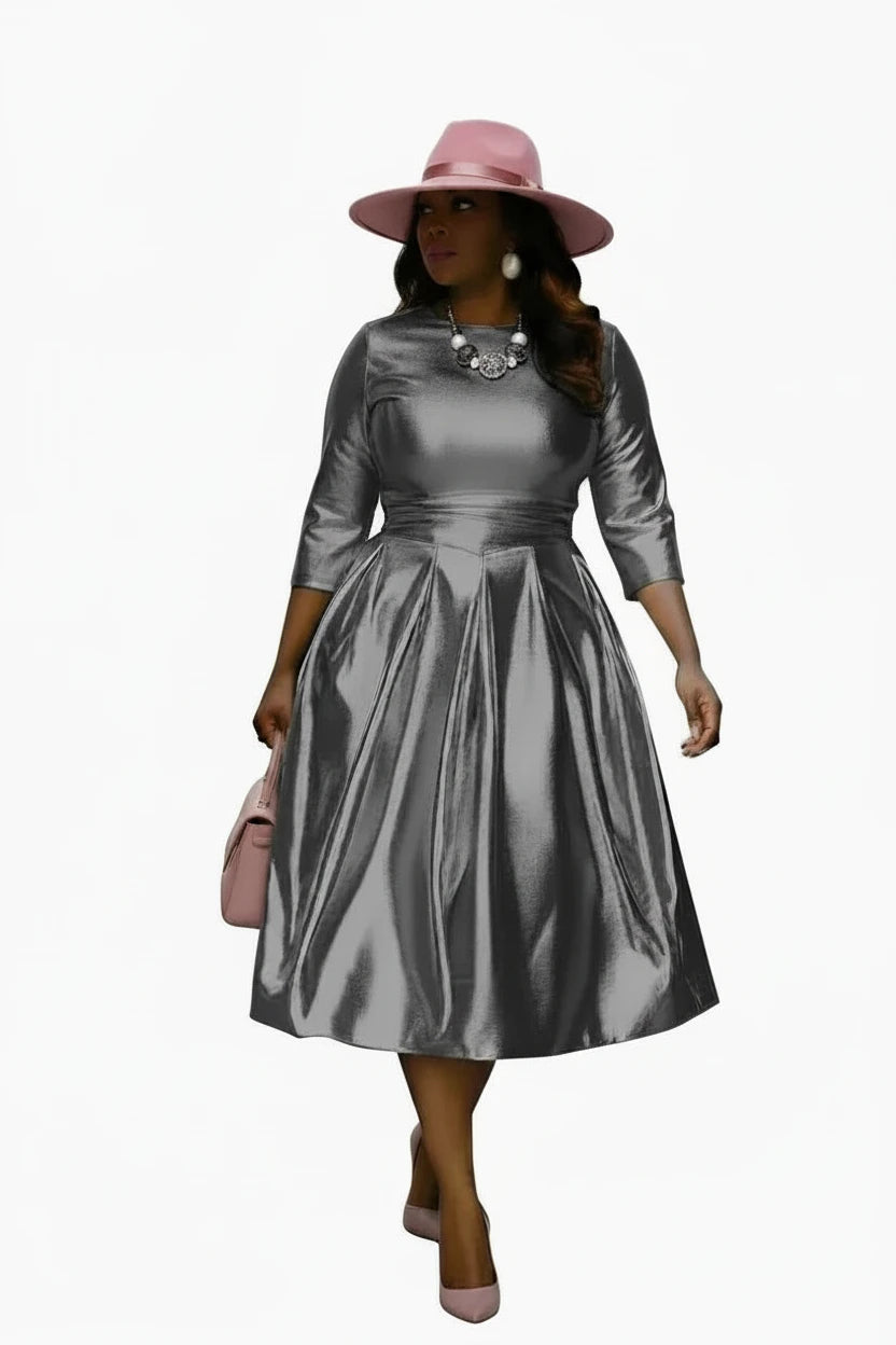 🍒A-line shiny dress metallic short sleeve midi for women plus size outfit fit and flare elastic dress smart casual clothing Summer Stunner