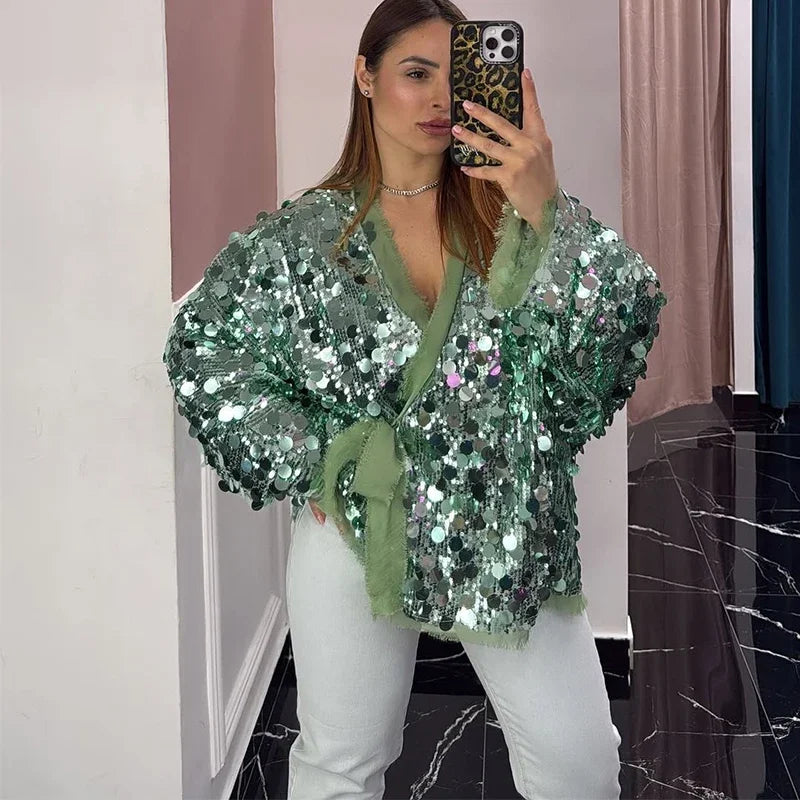 🍒Sequins bow tie jacket party long sleeve fashion short coat womens glitter party wear v-neck female long sleeve loose tops They Will SE'A Green When You Shimmer In This Winner