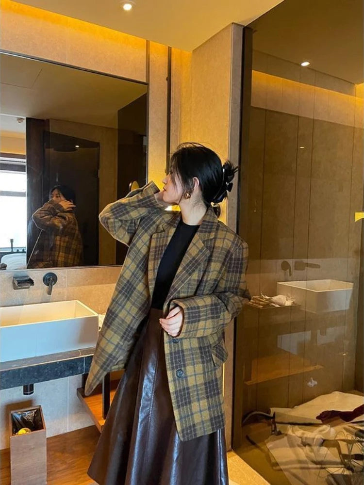 🍒Womens brown blazer vintage wool plaid Jacket autumn winter british style trendy eye catching yellow check coat long sleeve female smart casual clothing Chunky Check Charm
