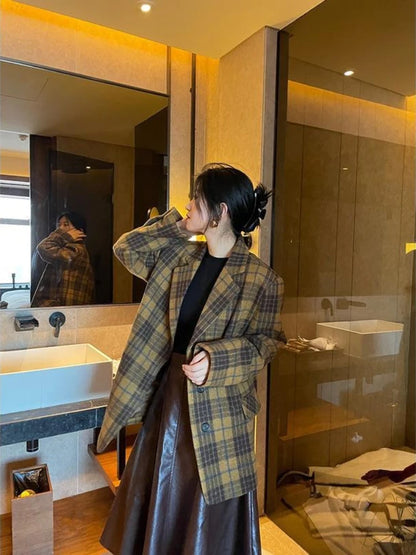 🍒Womens brown blazer vintage wool plaid Jacket autumn winter british style trendy eye catching yellow check coat long sleeve female smart casual clothing Chunky Check Charm