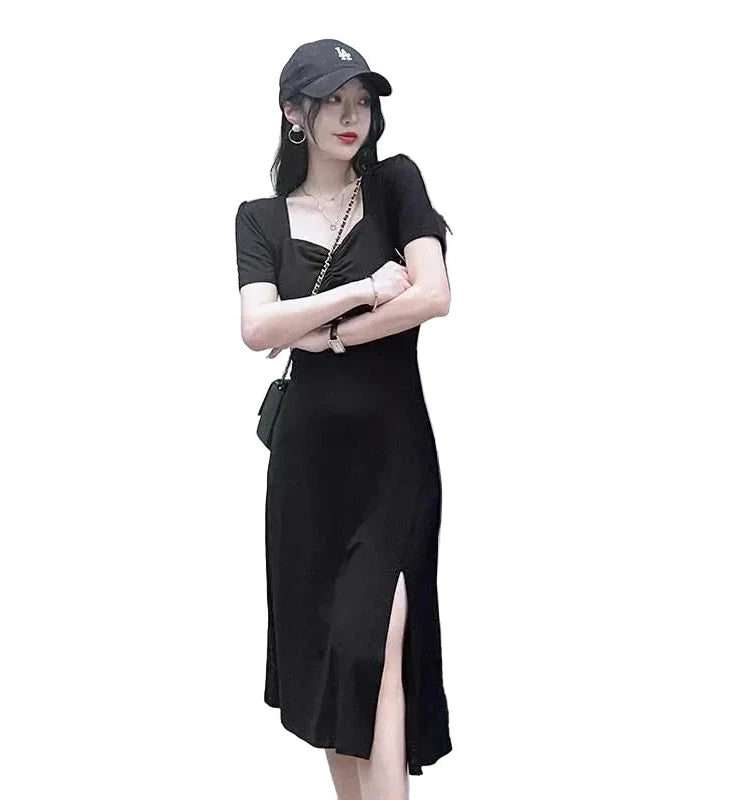 🍒black dresses midi fashion trendy Y2k aesthetic summer wear sweet heart kneck outfit evening party wear smart casual women clothing Be A Sweet Heart To Yourself And Buy This