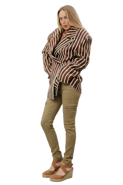 🍒Striped print blazer women's full Sleeve jacket with notched lapel collar double breasted spring coat fashion wear office clothing   Look Chocolate In Orange