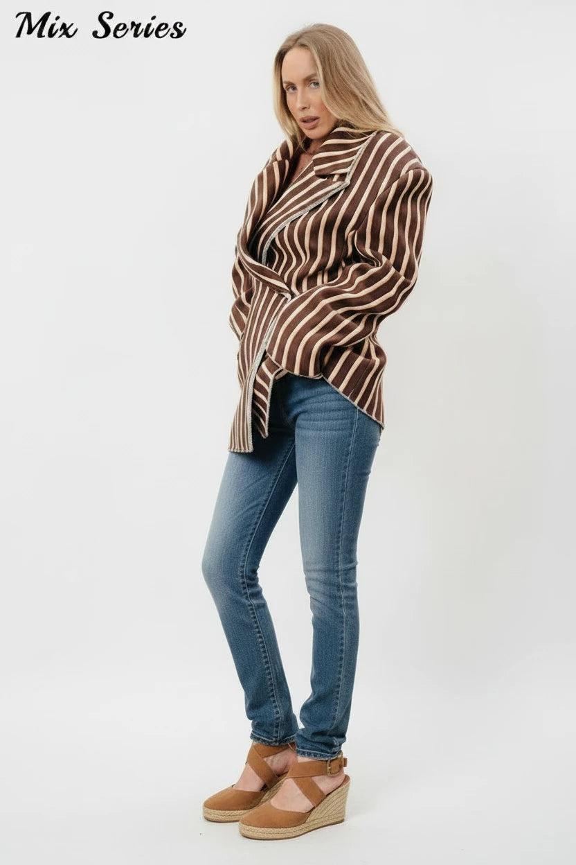 🍒Striped print blazer women's full Sleeve jacket with notched lapel collar double breasted spring coat fashion wear office clothing   Look Chocolate In Orange