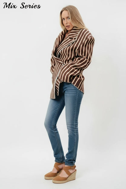 🍒Striped print blazer women's full Sleeve jacket with notched lapel collar double breasted spring coat fashion wear office clothing   Look Chocolate In Orange