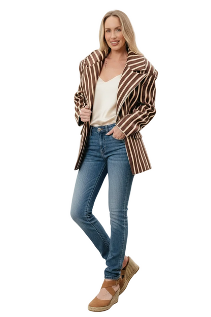 🍒Striped print blazer women's full Sleeve jacket with notched lapel collar double breasted spring coat fashion wear office clothing   Look Chocolate In Orange