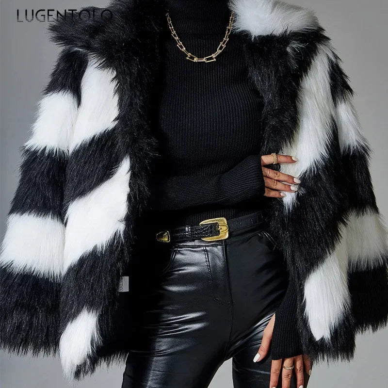 🍒Fluffy faux fur jacket autumn winter lapel coat female smart causal outerwear striped  for women ocassion party overcoat Get On The A-List vibe With A Z-(eberdy)List