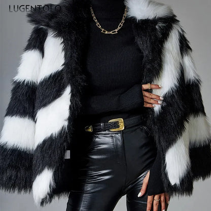 🍒Fluffy faux fur jacket autumn winter lapel coat female smart causal outerwear striped  for women ocassion party overcoat Get On The A-List vibe With A Z-(eberdy)List