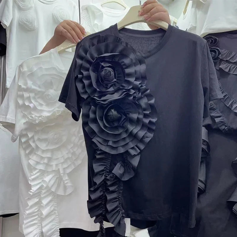 🍒Summer t-shirts for women o-neck smart casual tops t-shirt for party 3D floral tees occasion wear oversized shirts Look A'white At Night