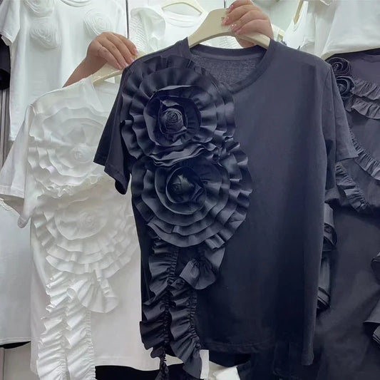 🍒Summer t-shirts for women o-neck smart casual tops t-shirt for party 3D floral tees occasion wear oversized shirts Look A'white At Night