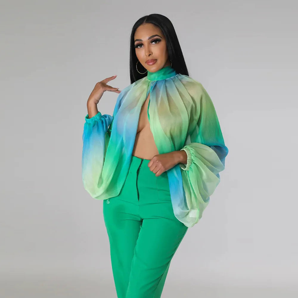 🍒Colourful chiffon blouses plus size printed front split blouse fashion batwing loose fitting see though top with puff sleeves party night club blouses shirt for women OPEN Up Your Armoire to A Cool BLOUSE
