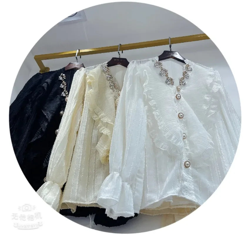 🍒Sequin shirt with beading ruffle blouse for women black occasion shirt Y2k long sleeve occasion top feminine fashion evening wear party wear tops Look Frilling In Your Frilly Frills