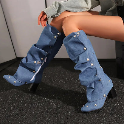🍒Denim boots for Women blue multi snap-fastener pleated shoes with zip wide calf length boots winter footwear Cute Cowboy
