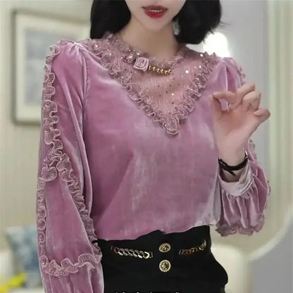 🍒Velvet patchwork blouse sweet womens ruffle top puff sleeve shirt vintage style clothing baroque beading sequin luxury lace fashion wear Move Into mauve