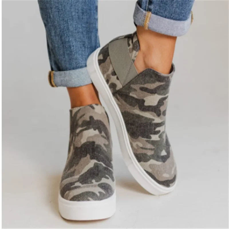 🍒Canvas casual boots spring summer and autumn large size type skate shoes women round toe mid top sneakers casual elastic mouth lazy flat footwear Go On A Leopard Walk