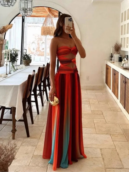 🍒Women's tie-dye gradient fitted waist shoulderless long dress contrast open detail pleated maxi dress with slit chic occasion  party holiday Wear Gravitate To A Gradient