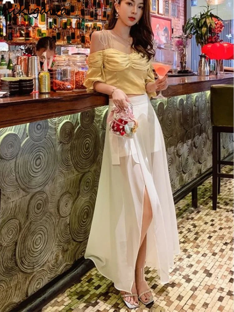 🍒White chiffon skirt maxi fashion mixed media for Women temperament summer high waist mesh fashion chic patchwork inner and outer mesh  occasion party wear Not Short Of Transparency