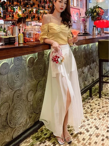🍒White chiffon skirt maxi fashion mixed media for Women temperament summer high waist mesh fashion chic patchwork inner and outer mesh  occasion party wear Not Short Of Transparency