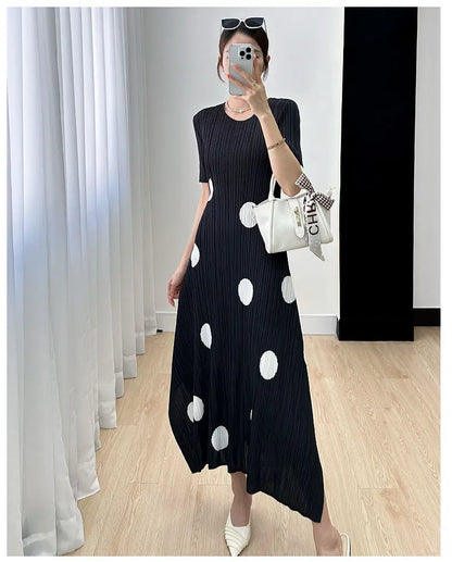 🍒Womens pleated dress summer smart casual ladies' high waist outfit with polka dots irregular fashion loose waist dress Dainty Dressy Dots