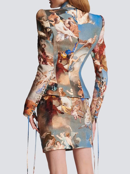 🍒Womens vintage printed blazer long sleeve button Jacket plus cross lace-up mini slim skirts sets evening wear clothing cherub classic print suit occasion party wear CROSS out boring SUITs on your list and get CLASSIC