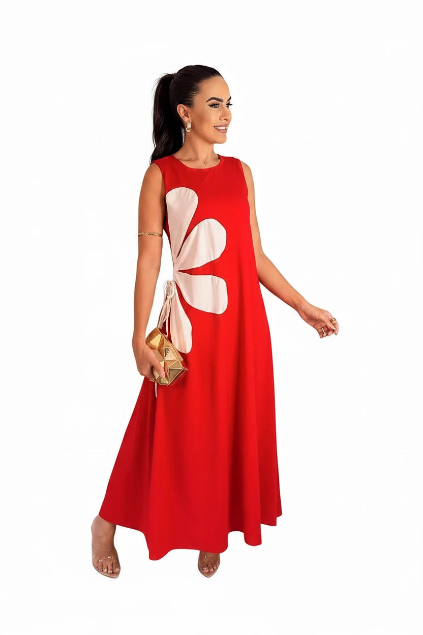 🍒Floral placement dress sleeveless summer fashion for women floral outfit printed waist hollow out maxi dress female casual wear holiday wear beach party clothing Sleeveless Back zipper vacation wear  Be A flower Girl On The Side