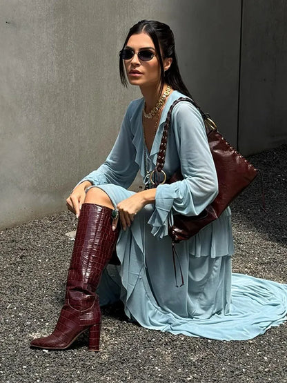 🍒Two piece set ruffled layered blouse shirt top for women plus  long skirt flared sleeves lace up v-neck pleated satin shirt loose feminine fashion wear summer out fit occasion wear party wear Relaxed Ruffles Get A slinky Blue Hue To wear To That Do