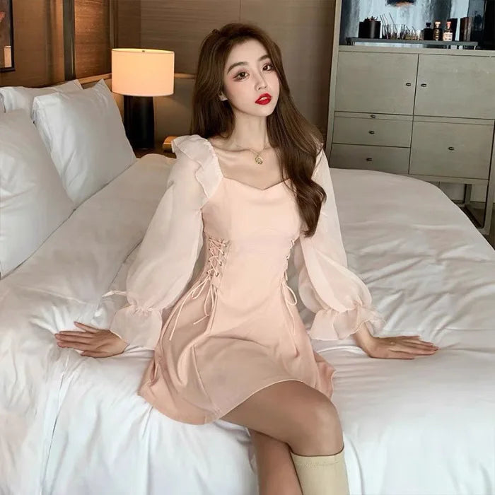 🍒Pink dresses women spring summer sweet heart neckline outfit a-line mini dress with puff sleeves lace up draw string sides waist feminine fashion A- Pretty Pink