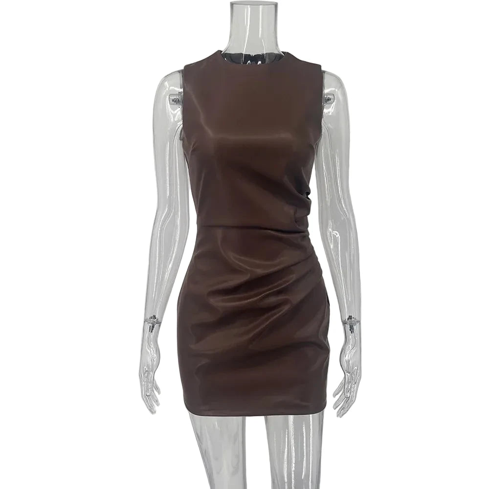 🍒Skinny leather dress round neck short dress for women solid retro pu short Y2k outfit high waist party night fashion evening  occasion wear Fit Leather