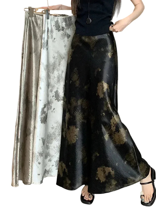 🍒Elastic satin skirt with high waist slimming mid-length floral print high-end feel fish tail skirt shiny for women Slip On A Silky Slippy
