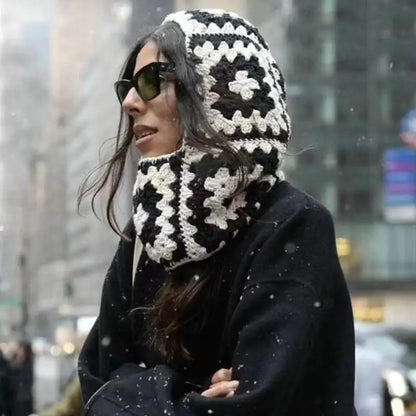 🍒Stylish balaclava hat for adults autumn winter knitted Hats for women handmade unique neck gaiter neck warmer retro knitwear fashion warm ear protection black and white grid hood KNIT this PEARL Into Your Hat Wardrobe