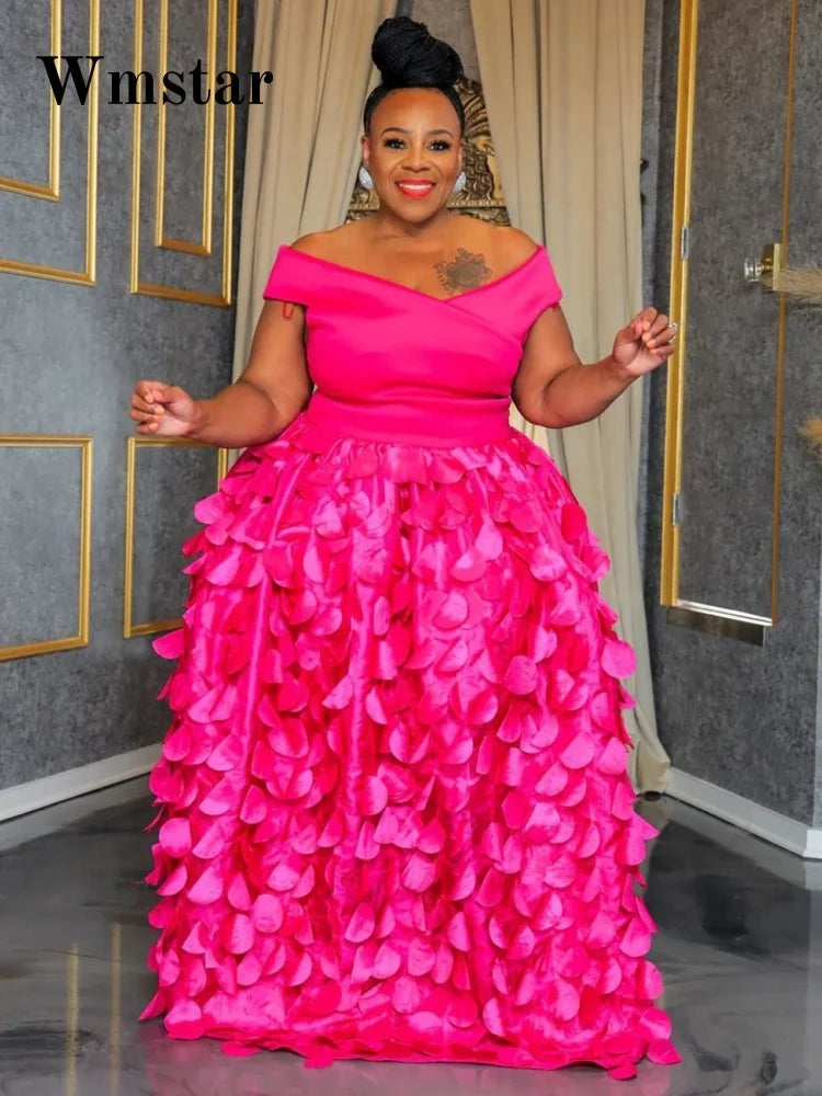 🍒Plus size evening dress pink off shoulder special occasion clothing for women mesh fashion high waisted birthday outfit evening party wear for ladies summer party clothing Pink Up Your Think Petal