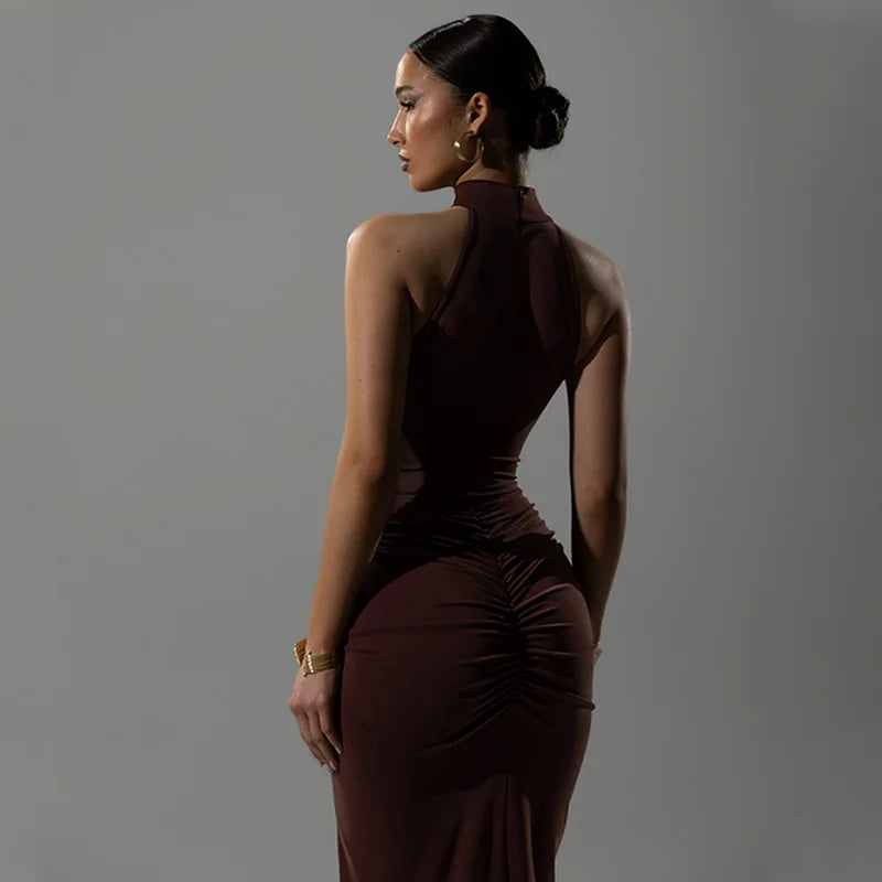 🍒Ahagaga Party Women's Maxi Dresses Sexy Solid Turtleneck Halter Sheath Folds Fashion Split Slim Fit Bodyson Sleeveless Vestidos