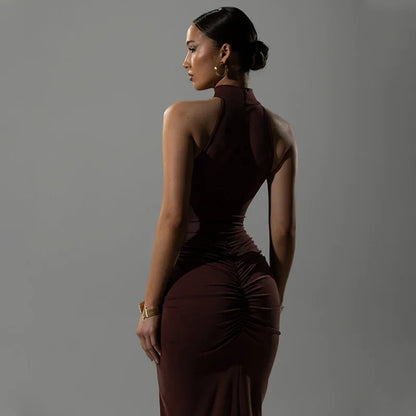🍒Ahagaga Party Women's Maxi Dresses Sexy Solid Turtleneck Halter Sheath Folds Fashion Split Slim Fit Bodyson Sleeveless Vestidos