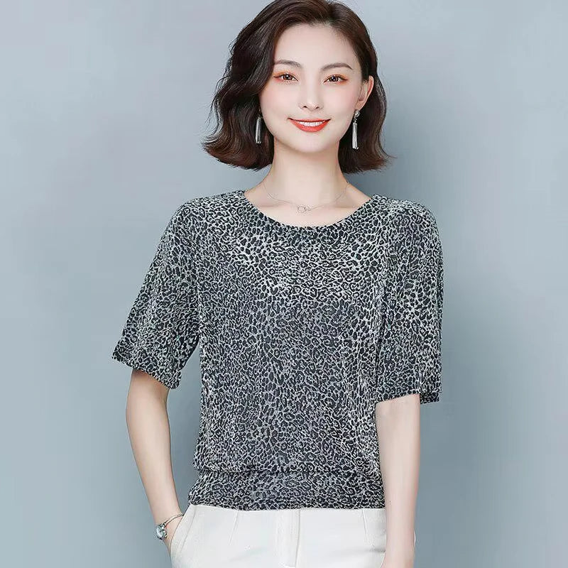 🍒Short sleeve womens blouses o-neck shirt smart casual women leopard print party top with elasticated waist office shirts Simple Vintage style clothing Simple Style Statement