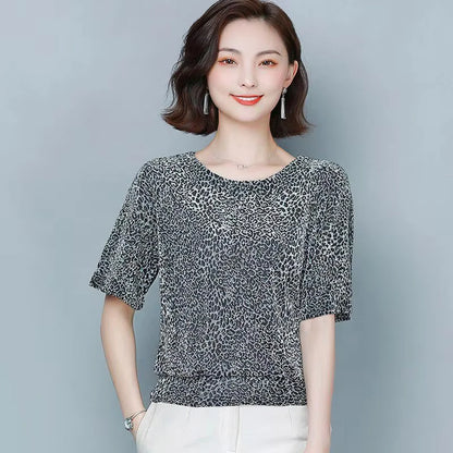 🍒Short sleeve womens blouses o-neck shirt smart casual women leopard print party top with elasticated waist office shirts Simple Vintage style clothing Simple Style Statement