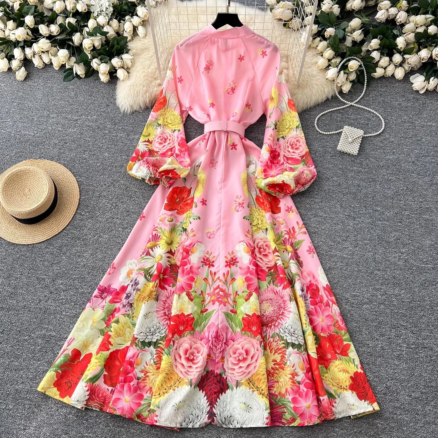 🍒Floral print maxi dress puff sleeve pattern womens stand collar outfit with flowers belt single breasted shirt dress gorgeous prom party wear  occasion fashion wedding guest clothes Get Pink Lemonade At A Garden Party
