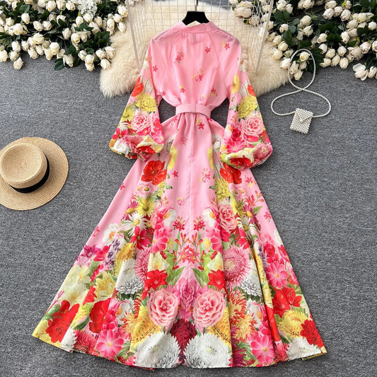 🍒Floral print maxi dress puff sleeve pattern womens stand collar outfit with flowers belt single breasted shirt dress gorgeous prom party wear  occasion fashion wedding guest clothes Get Pink Lemonade At A Garden Party