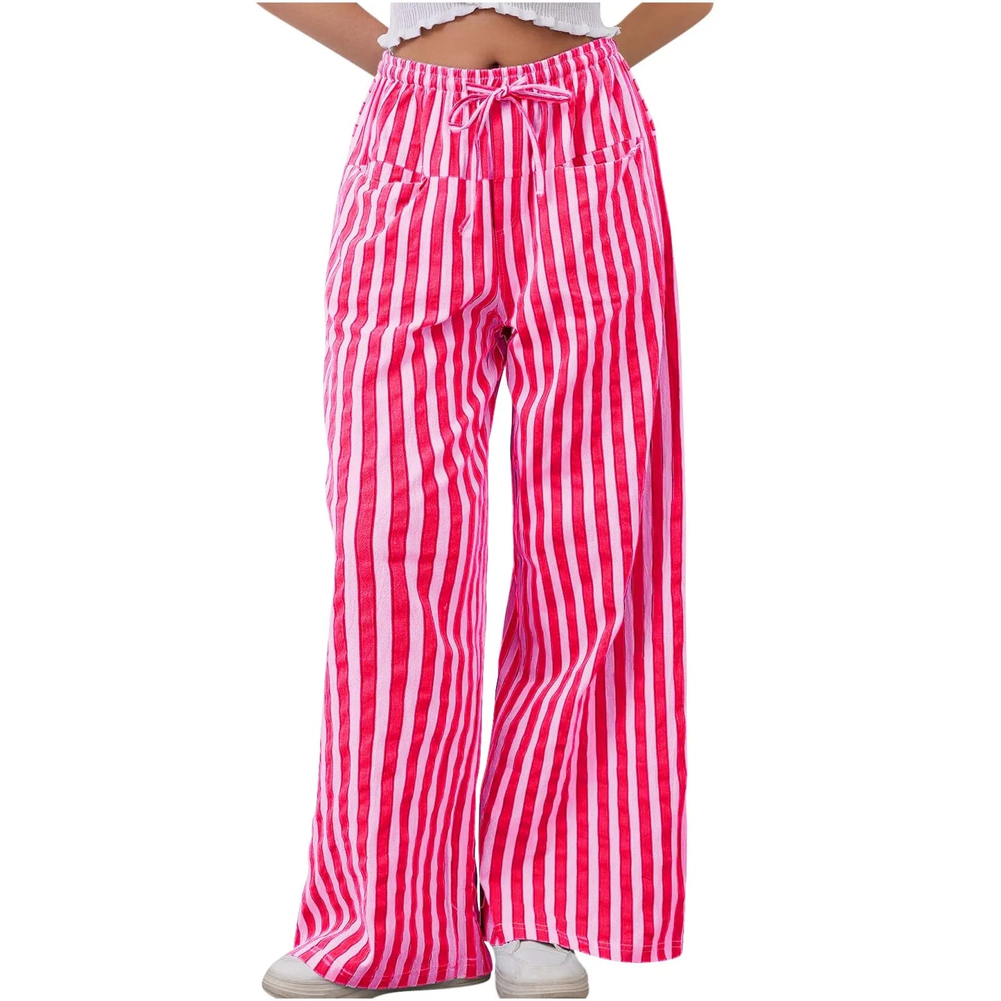 🍒Stripe wide leg pants high waist ealstic trousers drawstring wide leg baggy bottoms womens casual high street clothing with pocket Get slouchy In Stripy Slacks