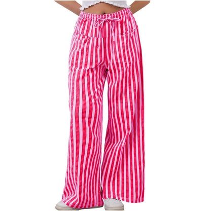 🍒Stripe wide leg pants high waist ealstic trousers drawstring wide leg baggy bottoms womens casual high street clothing with pocket Get slouchy In Stripy Slacks