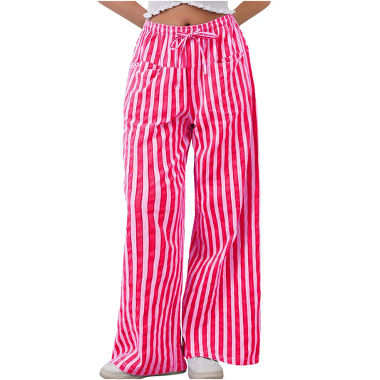 🍒Stripe wide leg pants high waist ealstic trousers drawstring wide leg baggy bottoms womens casual high street clothing with pocket Get slouchy In Stripy Slacks
