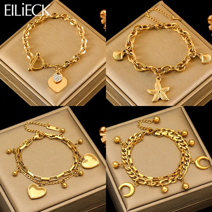 🍒Stainless steel star bracelet gold colour star charm moon starfish bracelet trendy wrist chain for women Jewellrey gifts  party accessories FISH Out This STAR