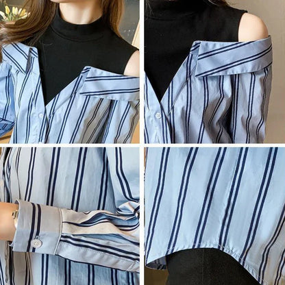 🍒Fake two piece shirt cotton blouse for women off shoulder top cool blue stripe shirt Woman Particular Trends Youth