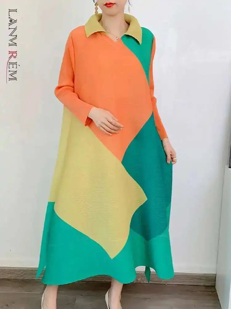 🍒Pleated dress long sleeves colour block outfit midi womens summer loose fashion autumn Clothes smart casual wear Diamond Dress