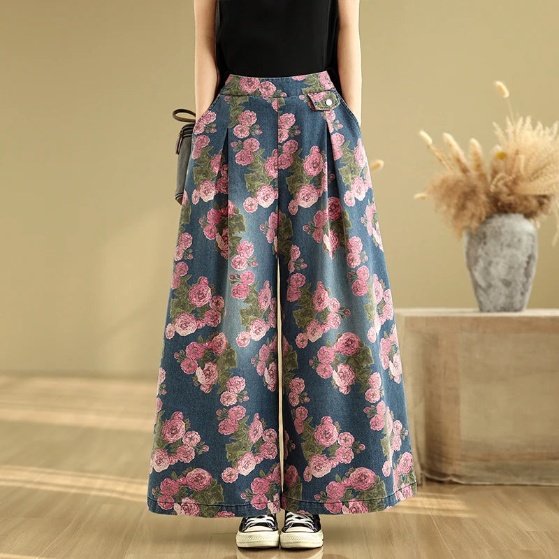 🍒Wide leg jeans loose elastic high waisted printed denim jeans for women summer wide leg trousers ladies Jeans plus size Toss On Your Tough Petals