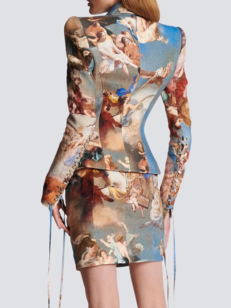 🍒Womens vintage printed blazer long sleeve button Jacket plus cross lace-up mini slim skirts sets evening wear clothing cherub classic print suit occasion party wear CROSS out boring SUITs on your list and get CLASSIC