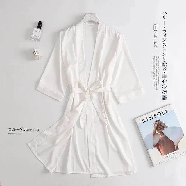 🍒Womens wrap gown white wedding bride robe morning gown for ladies 3/4 sleeve sleepwear loose nightwear female silk satin kimono robe lingerie Say Good NIGHT to old GOWNS