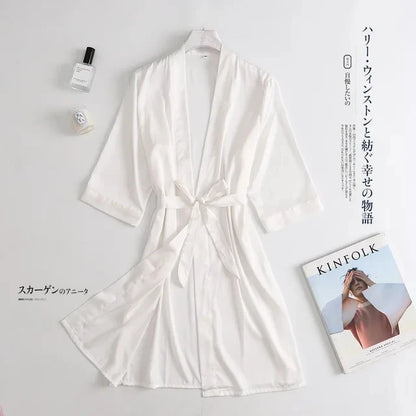 🍒Womens wrap gown white wedding bride robe morning gown for ladies 3/4 sleeve sleepwear loose nightwear female silk satin kimono robe lingerie Say Good NIGHT to old GOWNS
