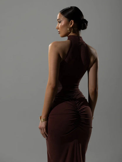 🍒Ahagaga Party Women's Maxi Dresses Sexy Solid Turtleneck Halter Sheath Folds Fashion Split Slim Fit Bodyson Sleeveless Vestidos