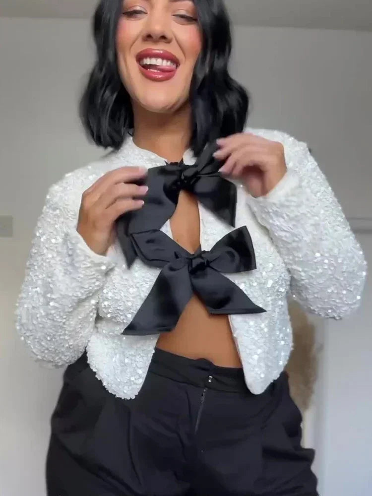 🍒Bow tie sequin dress for women long sleeve shiny mini dress female chic backless evening party dress with back bow crop sequin jacket long sleeve with satin bow front  occasion party wear